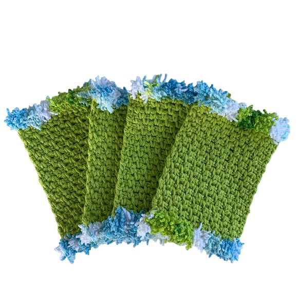 Mug Rugs Handmade Crochet Green Blue White Cotton Fringe Set of 4 Coasters - Picture 10 of 10
